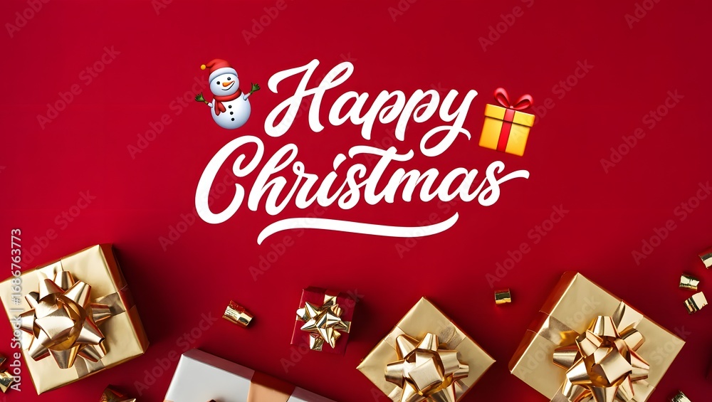 Naklejka premium Festive happy christmas greeting with gift boxes and ornaments on red background