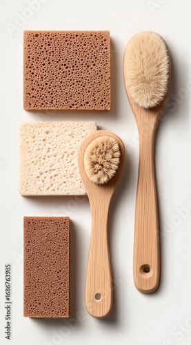 Stylish Natural Cleaning Brushes and Sponges on Minimalist Background for Eco-Friendly Lifestyle
