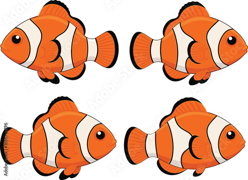 Cartoon clownfish illustration, cute orange tropical fish, marine animal vector, underwater sea life drawing, aquarium pet, coral reef species design