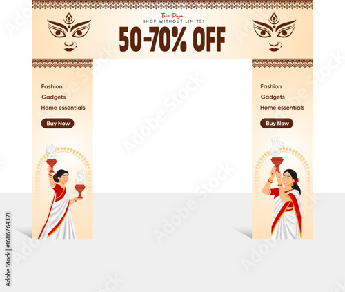 Durga Puja welcome gate design template for a pandal entrance, featuring Maa Durga's face, dhaki drummers, and traditional Bengali elements