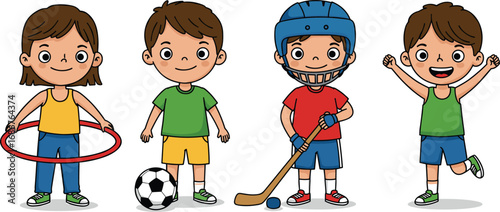 Cartoon kids playing sports and outdoor games, children with hula hoop, soccer ball, hockey stick, helmet, happy exercise activity