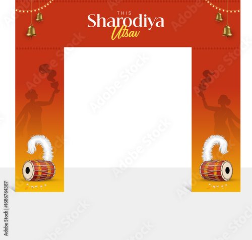 Durga Puja welcome gate design template for a pandal entrance, featuring Maa Durga's face, dhaki drummers, and traditional Bengali elements