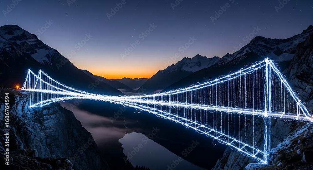 Fototapeta premium Luminous suspension bridge reflecting in the tranquil waters surrounded by majestic mountains at twilight, capturing