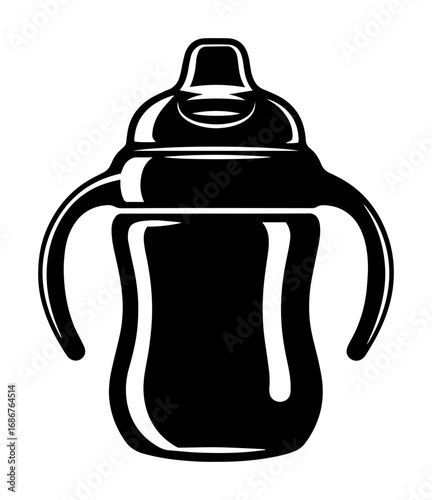 Sippy cup vector – baby training bottle with ergonomic handles and spill‑proof spout, monochrome engraving illustration isolated
