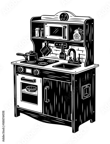 Play kitchen vector – vintage wooden toy stove with sink, oven, microwave and utensil rack, monochrome engraving illustration isolated