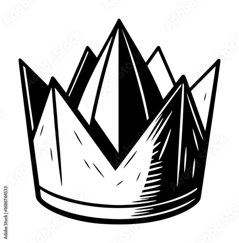 Origami crown vector – folded paper royal headpiece with sharp facets, monochrome engraving illustration isolated