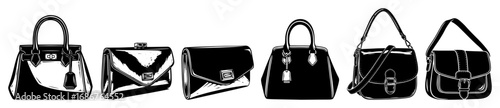 Handbag collection vector – six stylish women purses and tote bags set, monochrome engraving illustration isolated