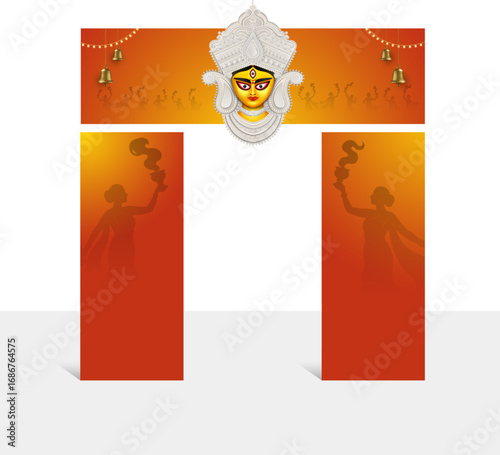 Durga Puja gate design template for a pandal entrance, featuring Maa Durga's face and silhouettes of women performing the Dhunuchi Naach dance
