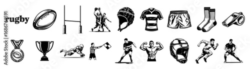 Rugby icon set vector – sports equipment, players and actions silhouettes, monochrome engraving illustration isolated
