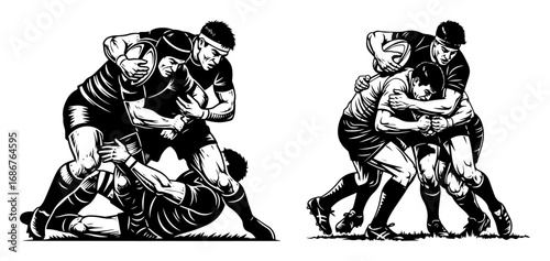 Rugby tackle vector – intense scrum with defensive takedown, high‑energy sports moment captured in detailed line drawing