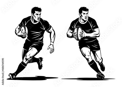 Rugby players vector illustration – dynamic duo sprinting with ball, athletic action scene in bold black line art