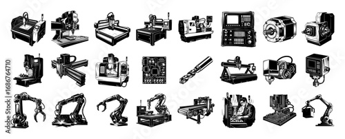 CNC machinery collection vector – 24 milling, turning and laser machines icon pack in precision line art