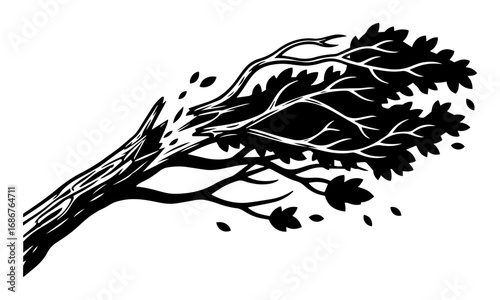 Fallen tree branch vector – leafy limb snapped by storm wind, dynamic natural debris sketch