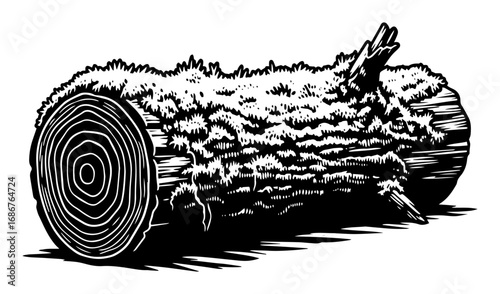 Felled tree log vector – moss‑covered timber trunk on forest floor, rustic woodland illustration