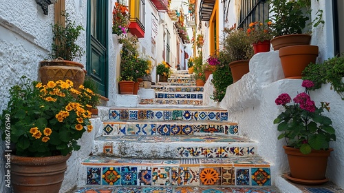 flower pots in the street in barcelona spain