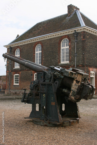 Gun with Chapel and Guard House behind, Tilbury Fort, Tilbury, Essex, England