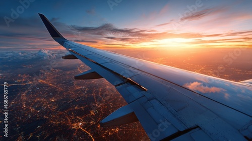 sunset flight above city lights