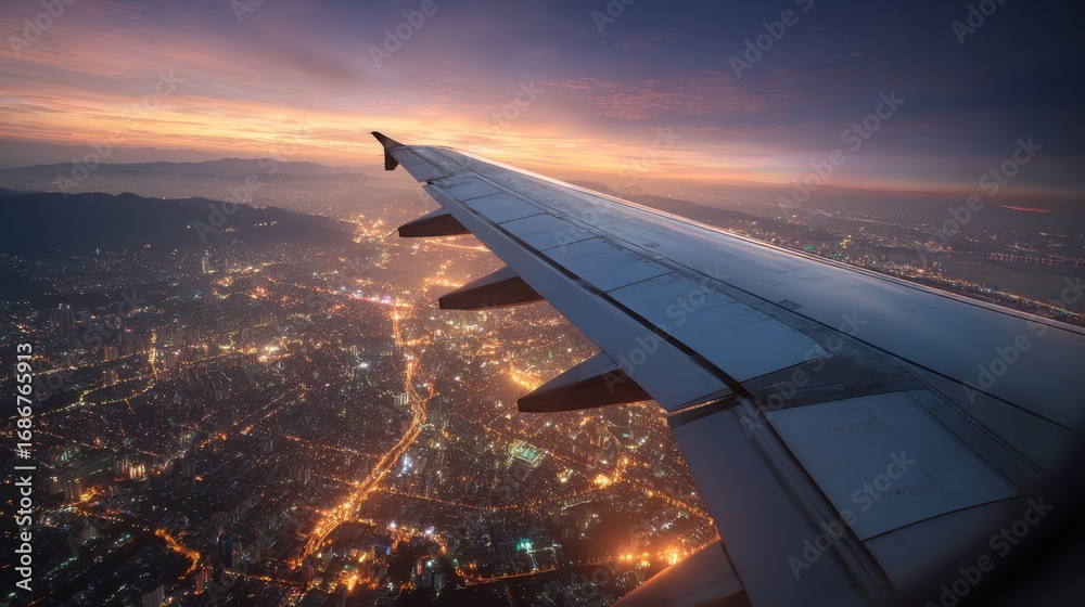 Obraz premium twilight city lights wing view