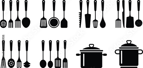 Set of kitchen utensils and cooking pots, kitchen tools icons, cooking equipment silhouettes, cookware collection, kitchenware essentials, cooking accessories, kitchen set