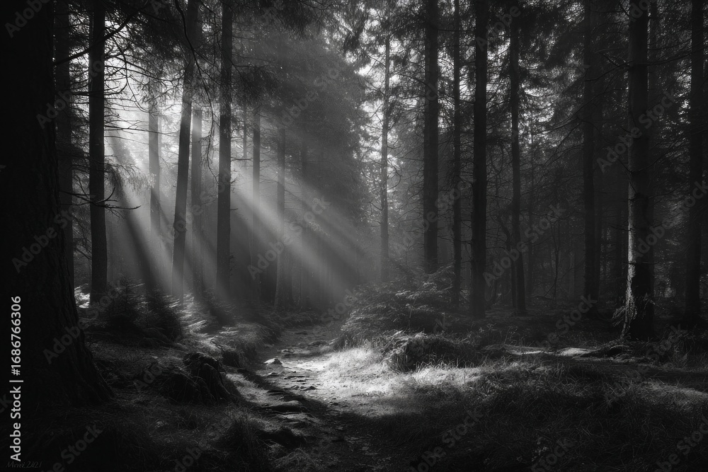 Obraz premium A winter forest landscape with a misty morning light filtering through the trees, a cold path winding through the woods.