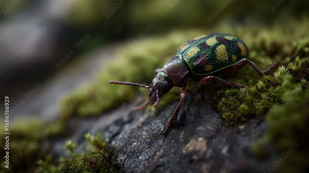 Fototapeta premium Close up view of a vibrant spotted beetle resting on a moss covered rock in nature