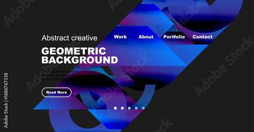 Modern website header design. Blue, purple hues dominate abstract geometric shapes. Navigation links present work, about, portfolio, contact.