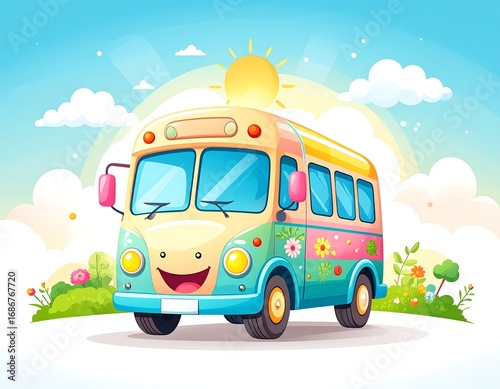 Cartoon bus in a spring landscape