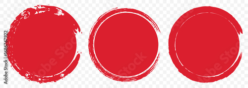 Grunge Ink Red Circle Brush Stroke and Fill Set – Red and Black Enso Style on Transparent Background. EPS 10.