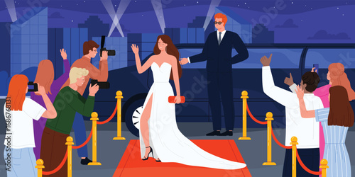 Elegant celebrity steps out of limousine onto red carpet, greeted by photographers and fans at night city event, luxury and glamour scene vector illustration