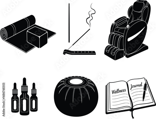 Wellness, fitness, silhouette, yoga mat, massage chair, essential oils, incense, meditation bowl, journal, vector, icon, black, minimal, interior, spa, therapy, mindfulness, relaxation, self-care, 
