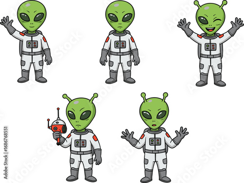 Cartoon green alien astronaut character set, different emotions and poses, cute extraterrestrial mascot illustration, vector sci fi space clipart design