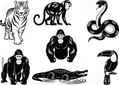 Wild animal silhouettes, jungle creature vector, tiger monkey cobra gorilla alligator toucan, black animal graphics, nature themed artwork, wildlife icons