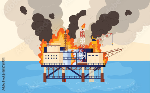 Accident in offshore oil platform with fire and smoke pollution on broken tower cranes and industrial drilling rigs, danger of explosion. Disaster at burning ocean or sea crude oil extraction station