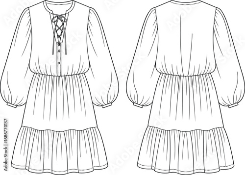 Tiered gathered skirt dress with voluminous long sleeves, lace‑up neckline, front zipper, technical fashion drawing, garment flat sketch template