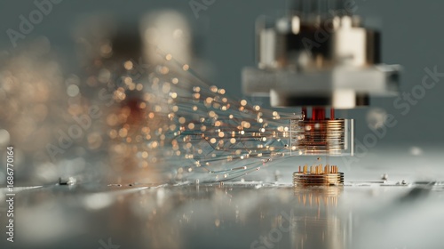Focused image of a single quantum bits spin measurement device with a blurred cascade of quantum logic gates and superposed data streams behind.