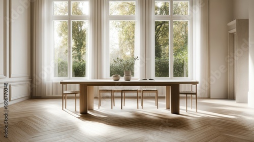 Modern dining room with panoramic window and garden
