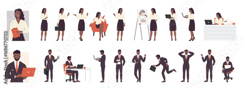 Cartoon isolated dark skin busy businessman businesswoman office outfit, corporate managers working and talking phone, running with briefcase and walking. Business people pose set vector illustration.