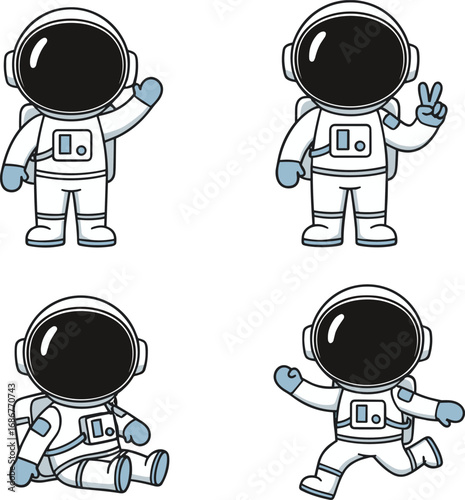 Cute cartoon astronauts in different poses, space explorer characters, futuristic astronaut mascot illustration, cosmic adventure vector, galaxy science fiction design clipart