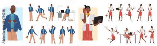 Cartoon isolated busy dark skin businessman businesswoman office outfit, corporate managers working and talking phone, running with briefcase and walking. Business people pose set vector illustration