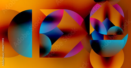 Abstract composition featuring overlapping colorful semicircles. Warm orange background contrasts vibrant blues, pinks, purples. Modern design.