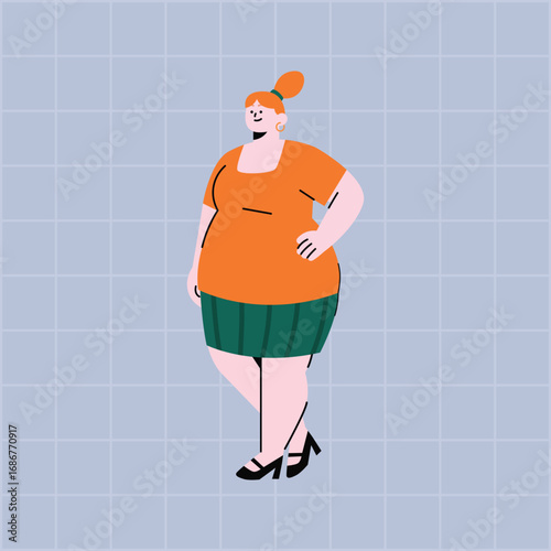 Plus size woman vector illustration wearing orange t-shirt and green skirt, confident body positive character in flat cartoon style