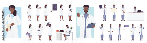Cartoon isolated dark skin female male characters with stethoscope, medical robes, man woman research patients xray of lungs and stomach, holding first aid box. Doctors pose set vector illustration