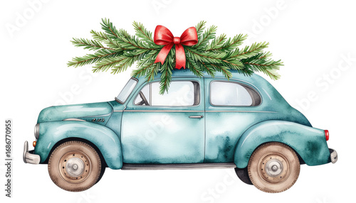 Vintage car illustration carrying Christmas tree festive holiday winter season transportation retro vehicle design isolated on white background