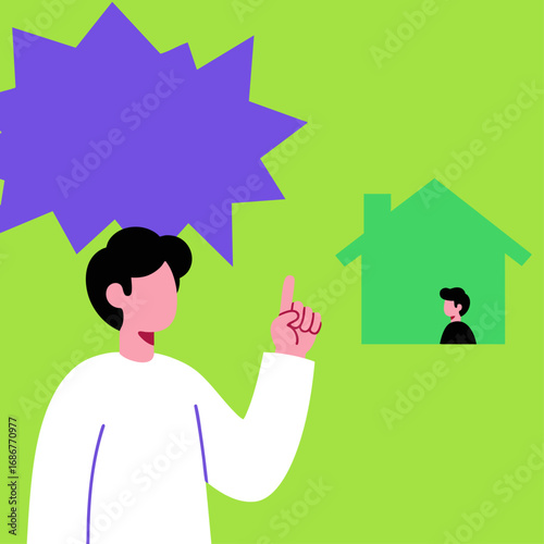 Searching for New House Man Pointing at Home with Occupant Thought Bubble