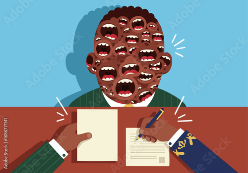 Businessman overwhelmed by multiple voices and demands during negotiation