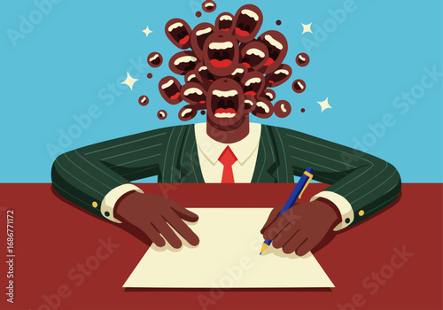 Professional writing under pressure head full of shouting mouths stress
