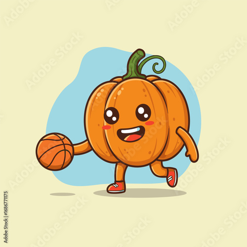 Cheerful cartoon pumpkin dribbling a basketball with red sneakers and a curly stem.