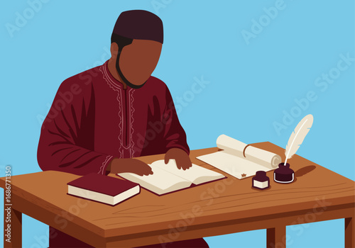 Muslim scholar studying ancient texts with quill and ink on wooden desk