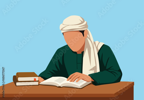 Islamic Man in Turban Reading Book Studying at Desk with Stack of Books