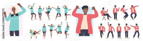 Cartoon happy dancer male female characters dancing different poses, active stylish partygoers enjoying fun party time isolated. Young dark skin man woman poses on dance party vector illustration set.